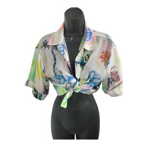 White Short sleeve sheer multi beeezy aquatic button‎ down blouse size large new